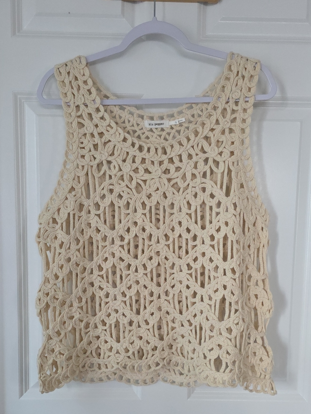 blu pepper Boho 100% Cotton Breathable Scoop Neck Crochet Cream Tank Top Size L
